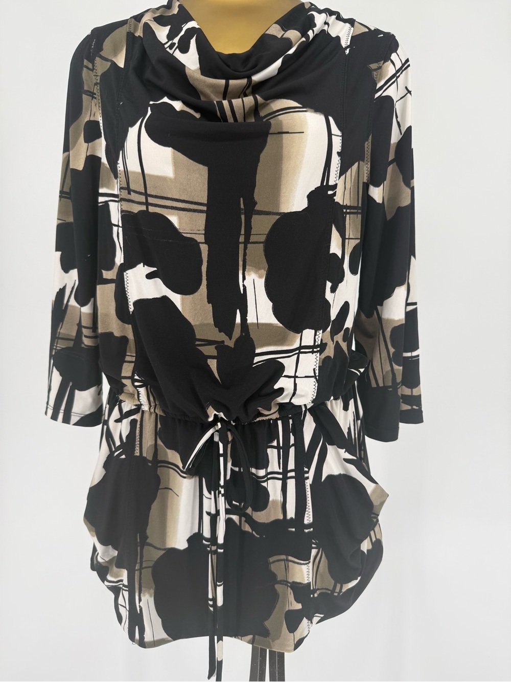 Alfani P/M Abstract Print Cowl Neck Drawstring Tunic Top